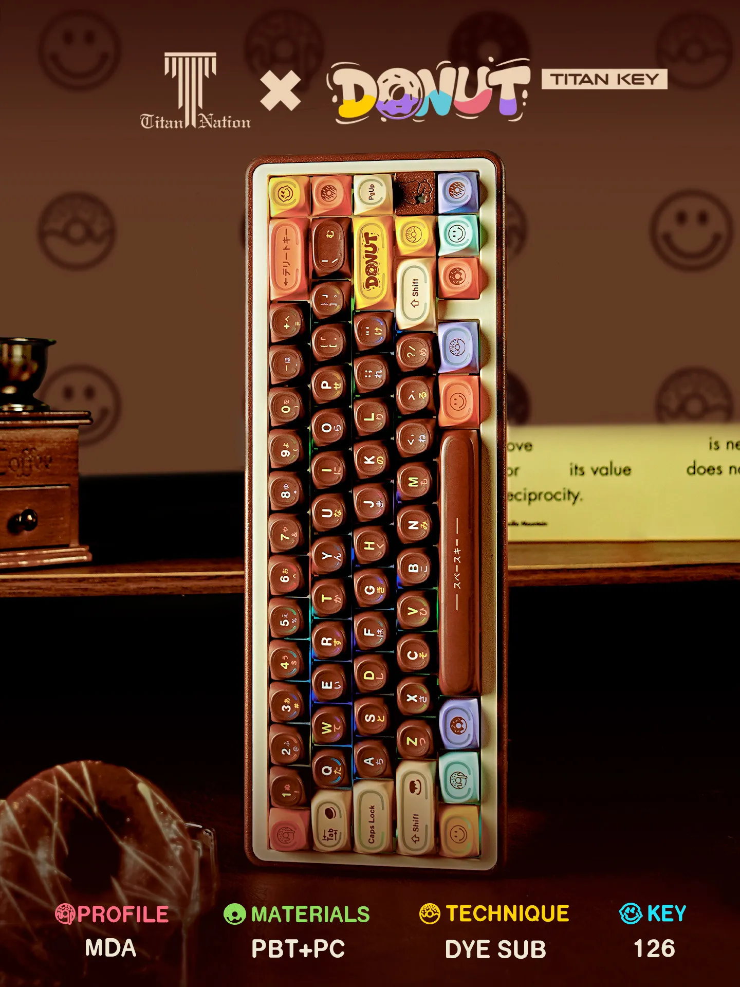 Titan Nation Donut-themed Dye-Sublimation Mechanical Keyboard Keycaps with Dessert-style Design Personalized Look