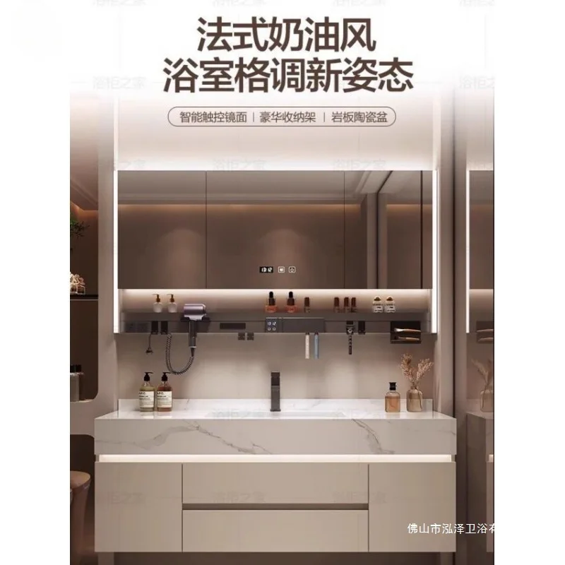 Bathroom Cabinet Rock Slab Seamless Ceramic Basin Bathroom Vanity Combo Multi-functional Storage Drawers Washbasin Cabinet