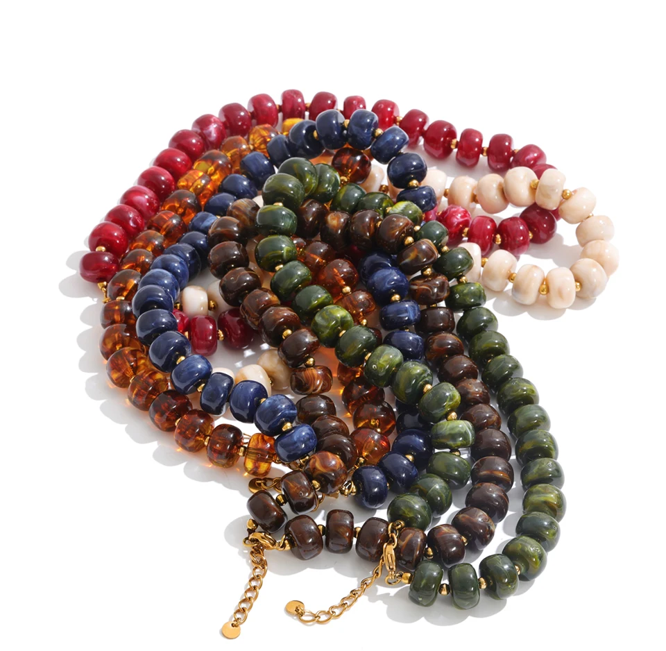 Yhpup Mehrfarbige Harzperlen-Kette, handgefertigte Halskette, wasserdicht, Edelstahl, Statement-Schmuck im Herbst-Winter-Stil – Detail 3