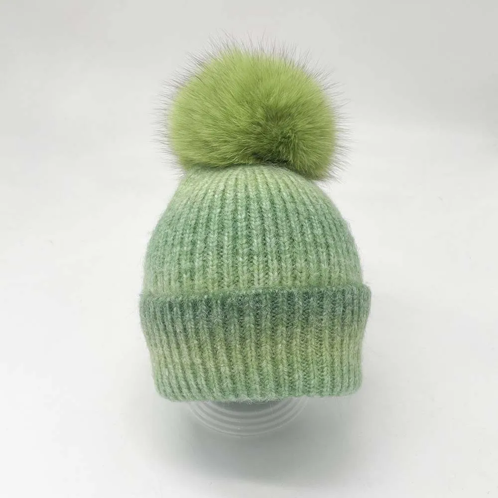 JANEFUR dzieci czapka typu Beanie szalik moda Gradient ciepła wełna kapelusz z prawdziwym futrzany pompon Pom dla dzieci dziewczyny chłopcy hurtownie 3-7 lat