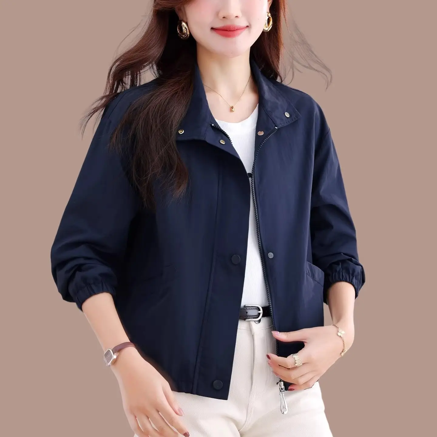 

2026 New Fashion Windbreaker Coat Female Spring Autumn Jacket Women's Thin Casual Outwear Loose Stand Collar Ladies Outcoat Tops