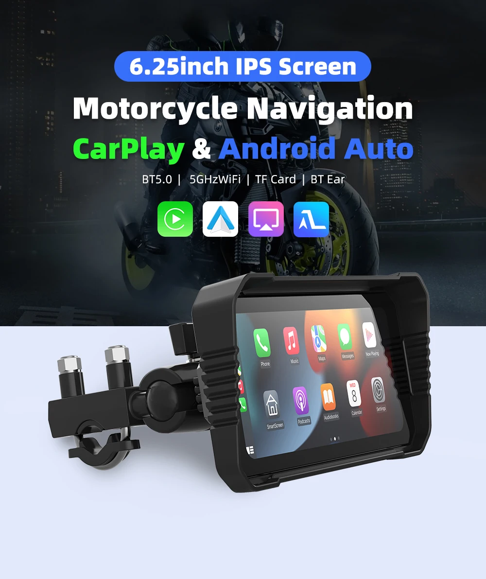 NEW 6.25 inch Motorcycle Navigation Screen 1560*720 Wireless CarPlay Android Auto Motorcycle GPS Motor DVR Monitor TPMS Optional