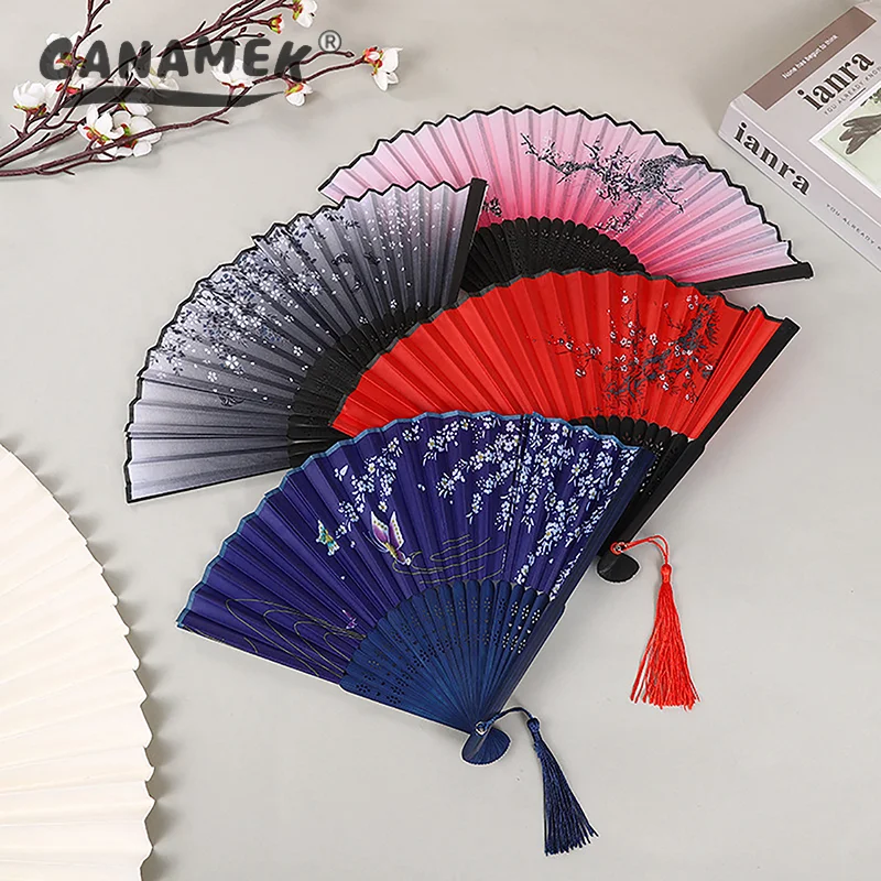 Vintage Chinese Style Folding Fan Bamboo Hand Fan Wooden Shank Classical Dance Fan With Tassel Elegent Female Fan Home Decor