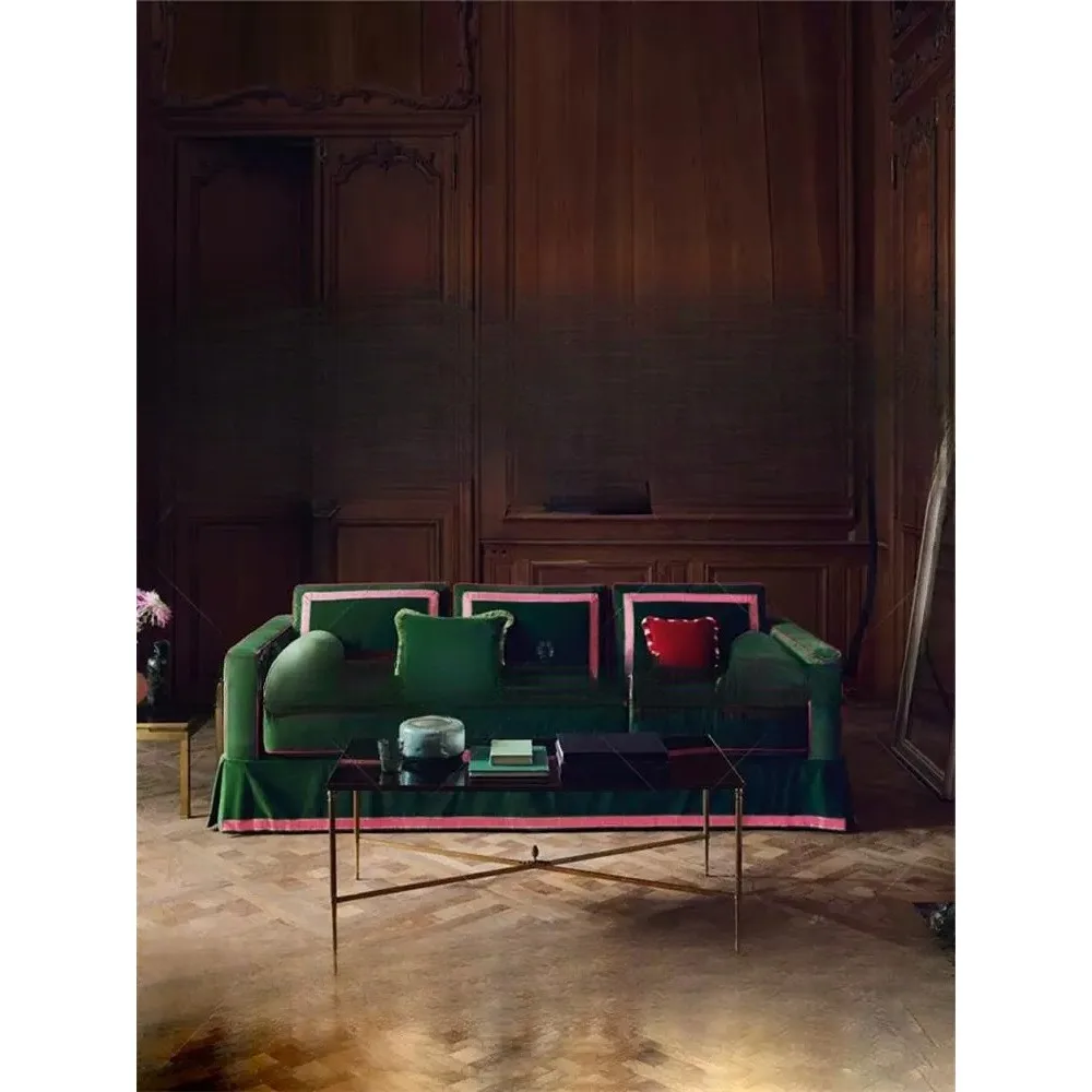 American velvet fabric three-person straight sofa green skirt small apartment living room removable and washable