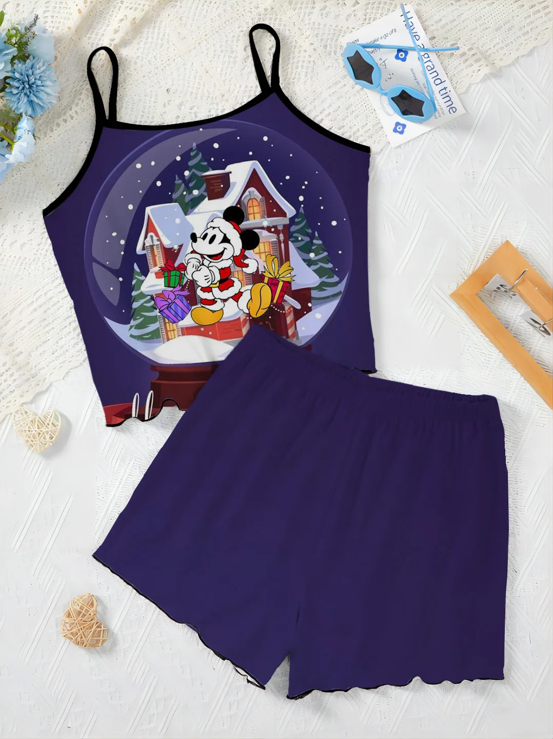 Pajama Skirt T-shirt Lettuce Trim Minnie Mouse Top Short Sets for Women 2 Pieces Christmas Home Dress Women's Suit Disney Mickey