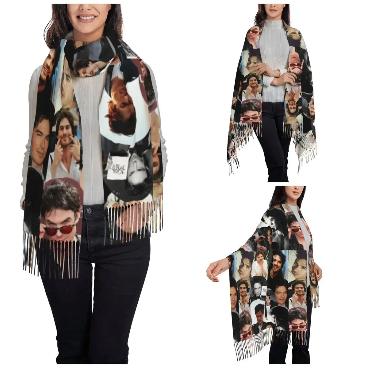 Damon The Vampire Diaries TV Show Scarf for Womens Winter Warm Pashmina Shawl Wrap Large Scarves with Tassel Lightweight