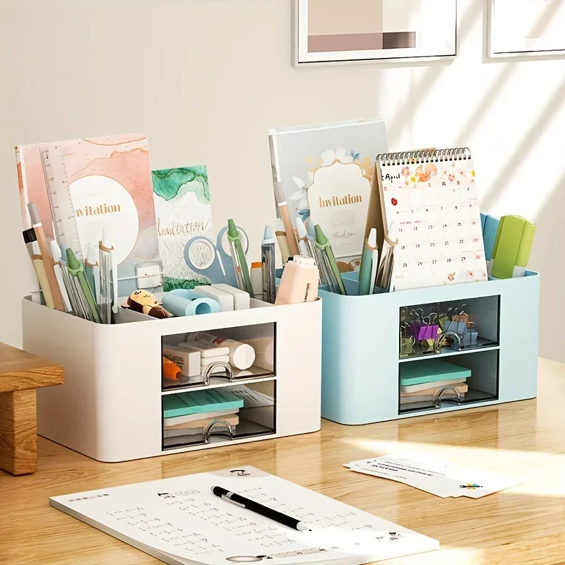 

Multi-Functional Desk Organizer with Drawer - Plastic Pencil Holder, Stationery Box for Office Supplies, Tape, Accessories - Sl