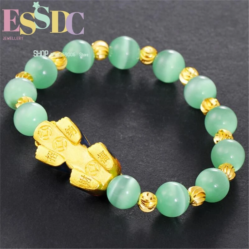 Fashion Female's 10mm Natural Green Onyx Sand Gold Change Color Pixiu Charm Bracelet Transfer Luck Best Gift to Her