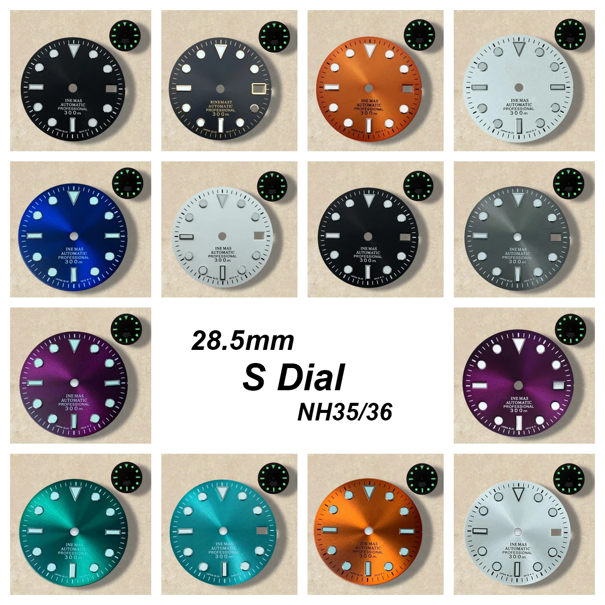 

28.5mm S Logo SUB Sunburst Dial Fit NH35/NH36 Japanese Movement Green Luminous High-Quality Watch Modification Accessories