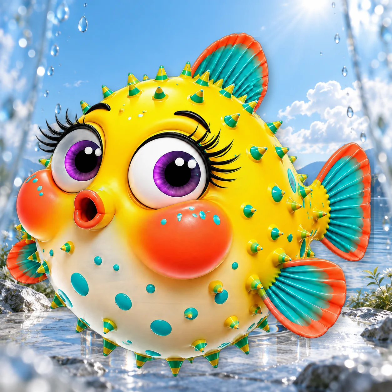 Big Eye Surprised Pufferfish Car Decal, Full Color Waterproof Printed Vinyl Decorative Sticker for Car Windows and Body Panels
