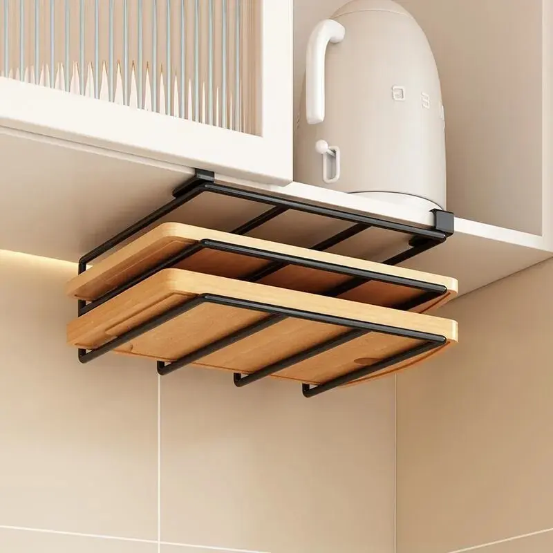 Kitchen Under Cabinet Hanging Organizer Rack with Multi-Purpose Holder for Paper Towel Cutting Board & Pot Lids