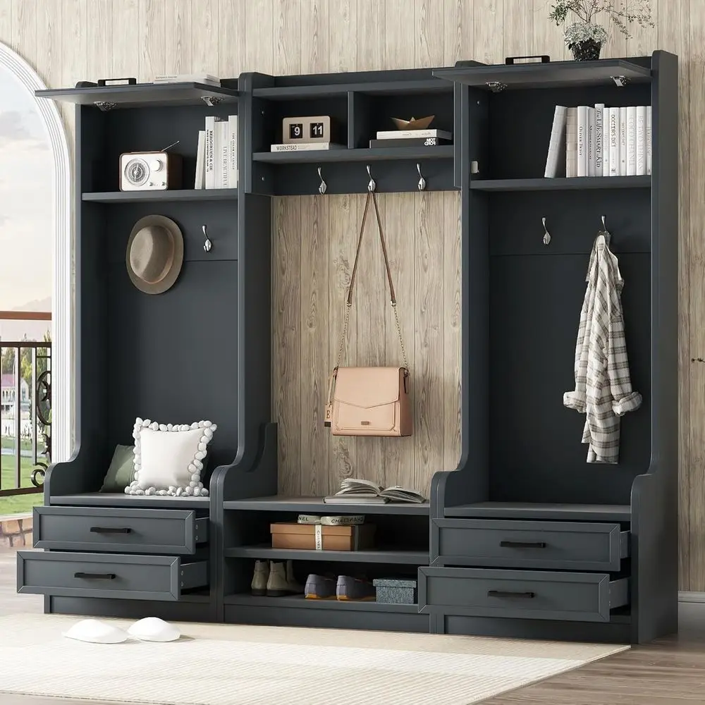 

4-in-1 Detachable Hall Tree with Storage and 7 Hooks, Multi-unctional Coat Rack Shoe Bench with Storage Ders and Cabinet 15.5" D