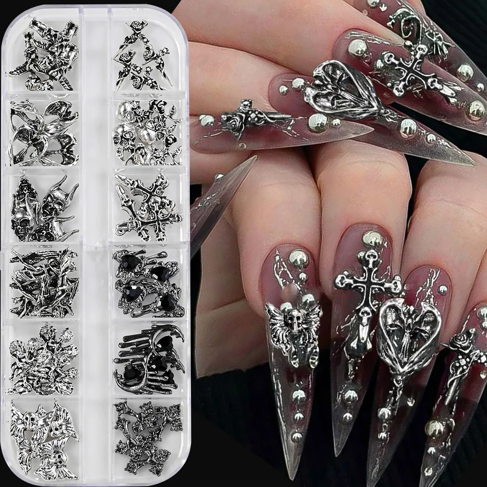 

12Grid 3D Halloween Punk Retro Alloy Cross Nail Charms Y2k Gothic Metal Gun Black Silver Skull,Cross Nail Art DIY Cool Nail Part