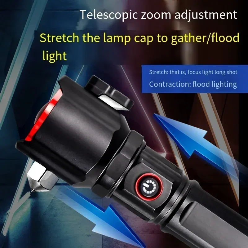 Powerful LED Flashlight USB Rechargeable COB Tactical Torch Safety Hammer Zoomable Lantern Waterproof White Laser Hand Torch