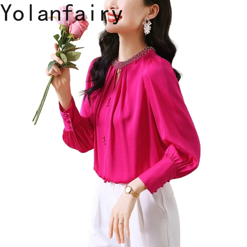 

YOLANFAIRY 95% натуральные шелковые рубашки из тутового шелкопряда, женская одежда, весна 2026, элитная блузка с длинным рукавом, элегантные женские топы, модные