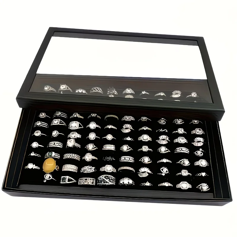 1pc Black 100-Grid Jewelry Storage Box with Clear Dustproof Lid, hangable commercial organizer for earrings and necklaces