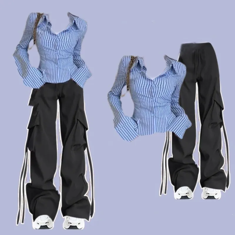 

Women's 2025 Autumn New Fashion Blue Striped Shirt Top+Casual Cargo Pants Two Piece Suit Korean Elegant Tracksuit Matching Set