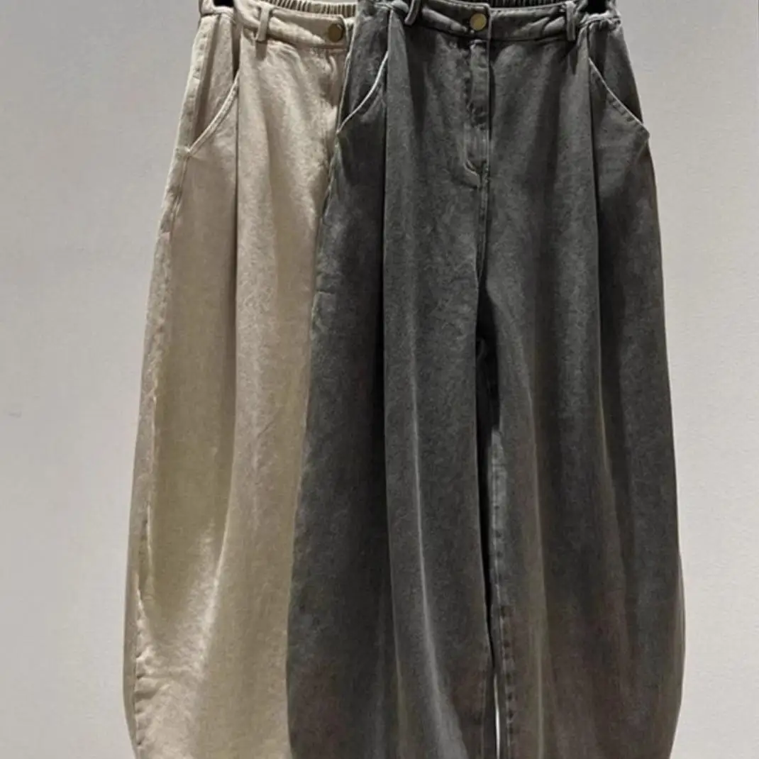 

plus Size 300 Pounds American Retro Distressed Elastic Waist Jeans Autumn Winter Meat Concealing Straight Leg Wide Leg Pants