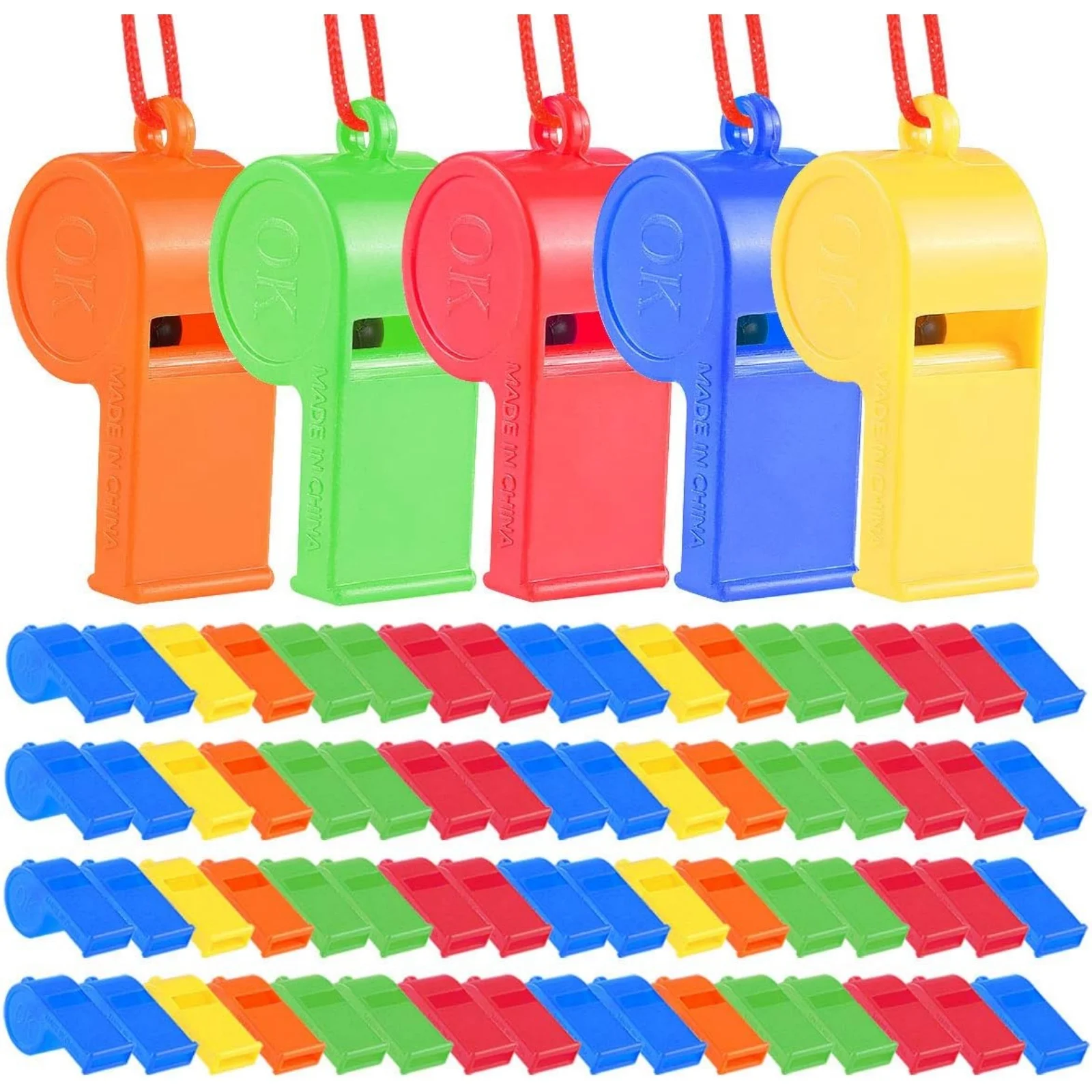 24 silbatos de plástico a granel, silbatos deportivos con cordón, silbatos de juguete ruidosos para niños, recuerdos para fiestas de cumpleaños y Navidad