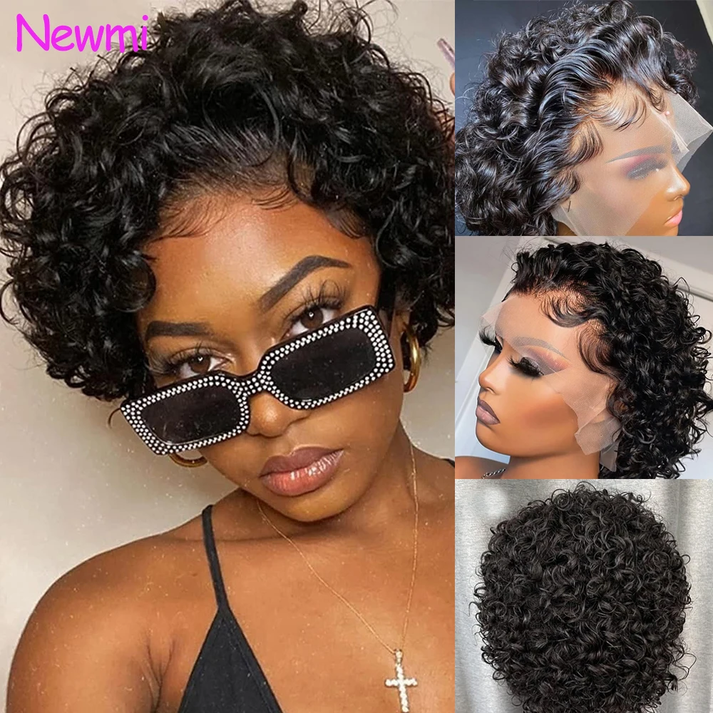 

Новый короткий кудрявый парик-пикси Newmi из 100% натуральных бразильских волос Remy, прозрачный, с фронтальной шнуровкой 13x1, предварительно выщипанный