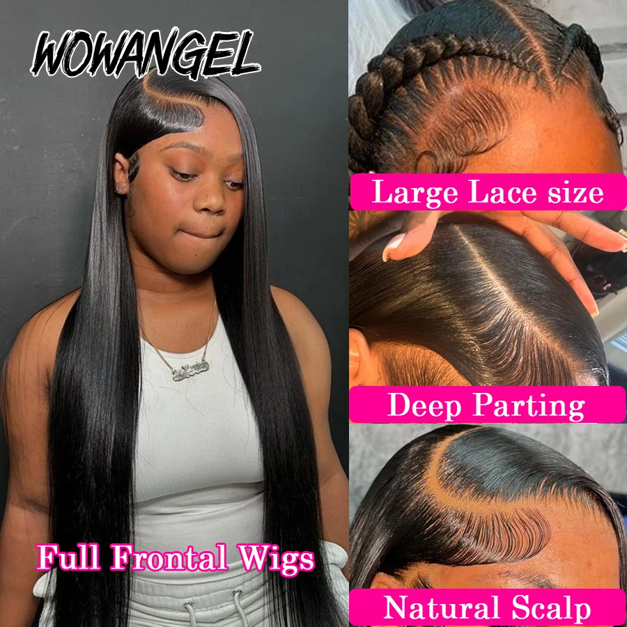 WowAngel 13x6 HD Lace Full Frontal Wigs 34in Straight Remy Hair 13x4 Full Frontal Human Hair Wigs Melt Skins Pre Plucked Wigs