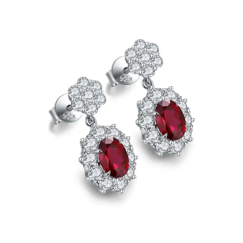 RUIF 2024 New Luxury Flower S925 Silver Oval Shape Lab Grown Ruby Simulated Diamond Earrings for Women Daily Wedding