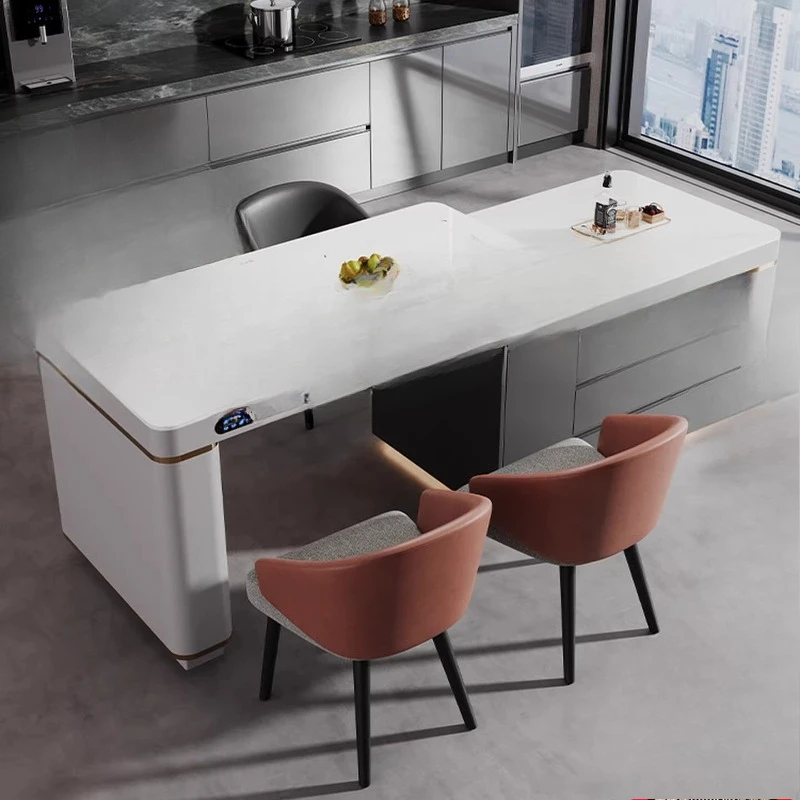 Advanced rock slab island dining table integrated, home retractable kitchen