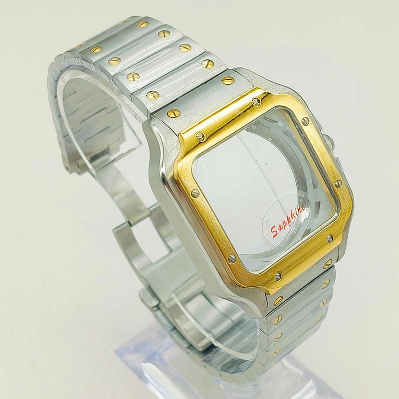 38mm NH35 Case Square Santo Watch Case Steel Strap Transparent Back Cover Fits 7S26 4R NH35 NH36 Movement Mineral Coated Glass