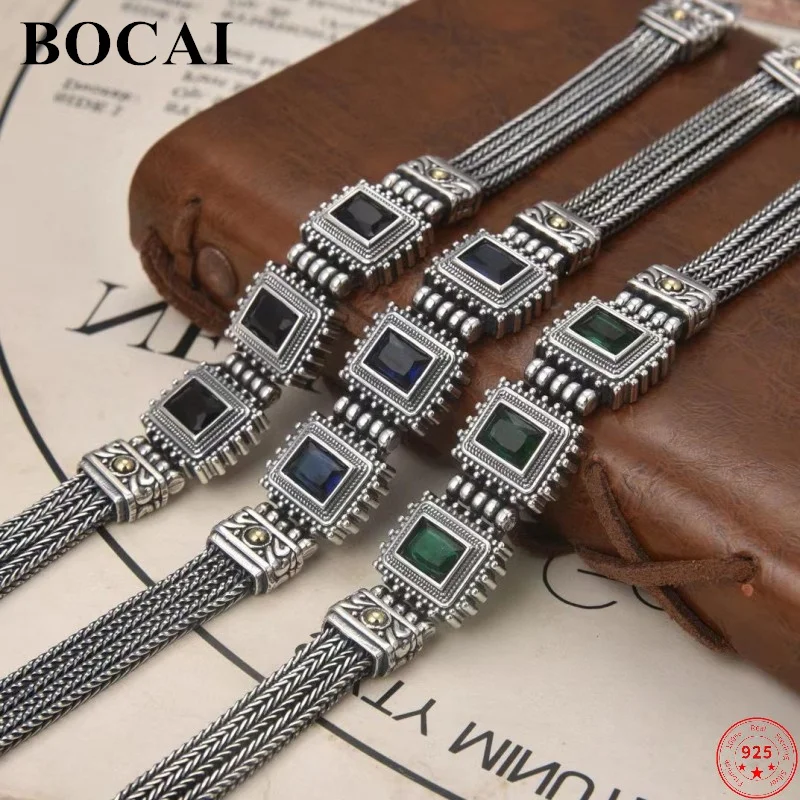 BOCAI S925 Sterling Silver Bracelets for Women Men New Fashion Three Strands Horsewhip-chain Square Zircon Jewelry Free Shipping