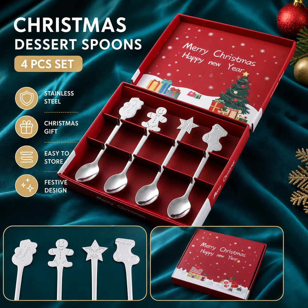 4PCS Set New Stainless Steel Dessert Spoons Festive Snowman Cutlery Spoon Gingerbread Stocking Present Box Table Setting