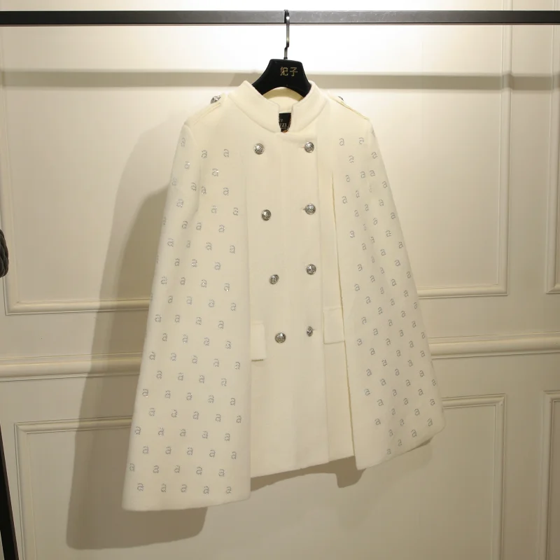 Women Winter Double Breasted Long Casual Stand Collar White Black Tweed Style Cloak Cape Woolen Coat Outwear