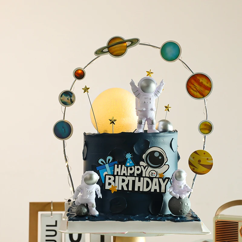 Astronaut Cake Topper Outer Space Birthday Decoration Boy Astronaut Cake Decoration Planet UFO Moon Baby Shower Kids Party Tools