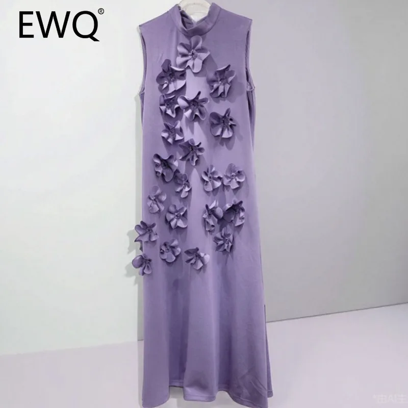 EWQ  Elegant Female Evening Dress 3D Floral Design Stand Collar Sleeveless Temperament Women Slim Dresses 2025 Spring Red Robe