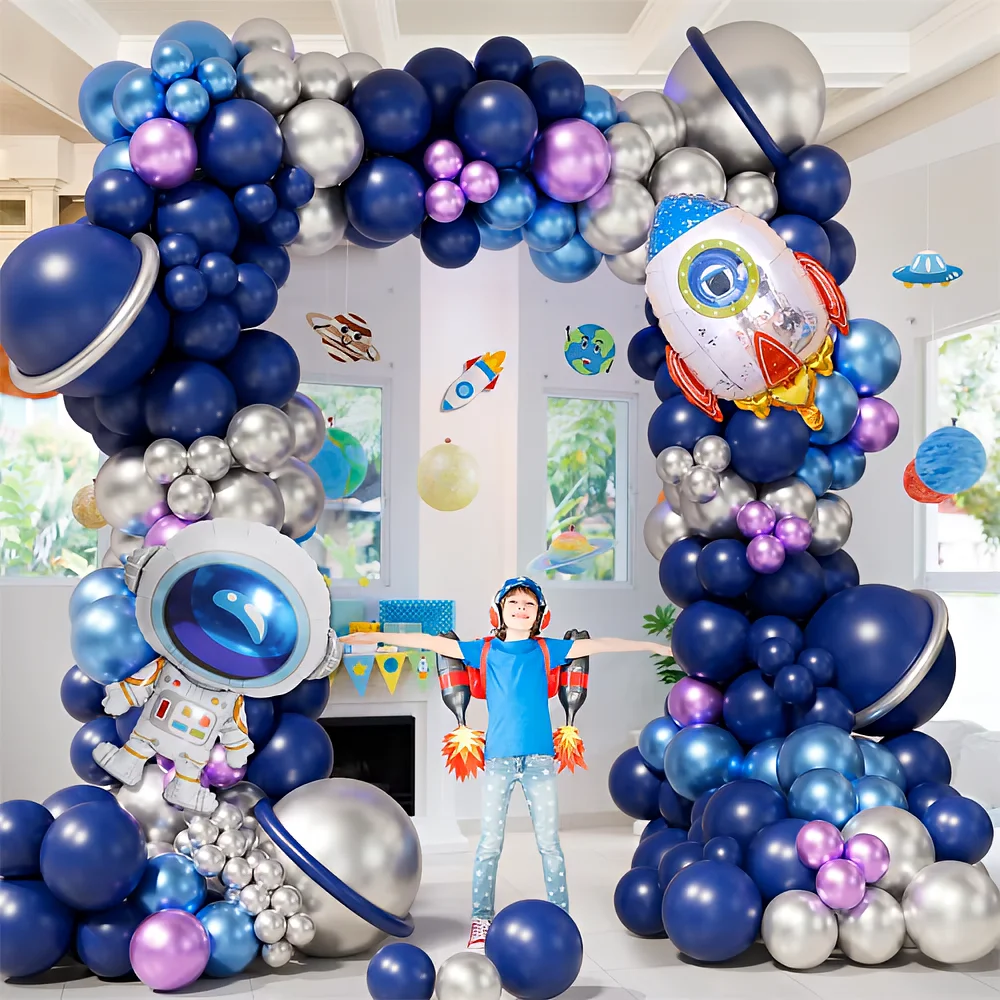 طقم إكليل بالونات الفضاء لرائد الفضاء مكون من 122 قطعة مع بالون من رقائق معدنية لرائد الفضاء لديكور حفلات أعياد الميلاد للأطفال