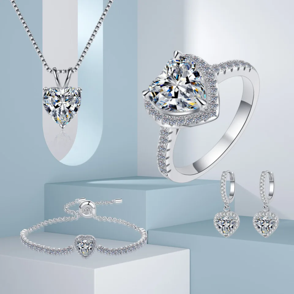 

4-Piece S925 Silver Heart Moissanite Jewelry Set for Women | Necklace Bracelet Earrings | GRA Certified Elegant Gift