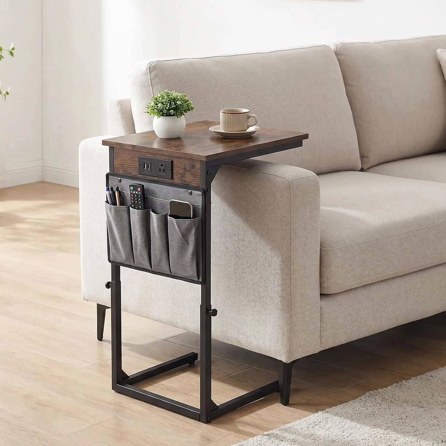 C Shaped End Table with Side Pocket, Height Adjustable Couch Side Table for Bedroom, Balcony, Living Room & Office, Black Metal Frame with Sturdy Base, Space-Saving Design
