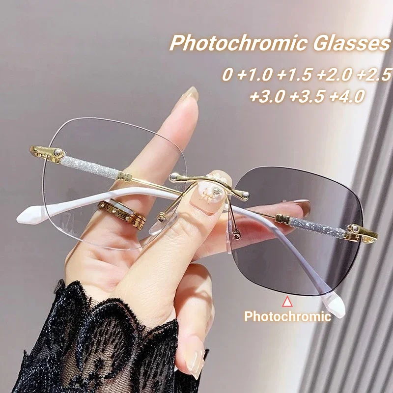 

2025 New Fashionable Frameless Cut Edge Photochromic Reading Glasses Ultra Light Neutral Durable Anti Blue Light Glasses