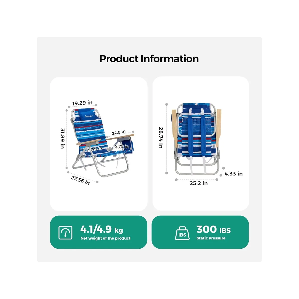 كرسي شاطئ قابل للطي من الألومنيوم، 3 أوضاع، ظهر منخفض ومسند ذراع خشبي، شريط أزرق 300 رطل
