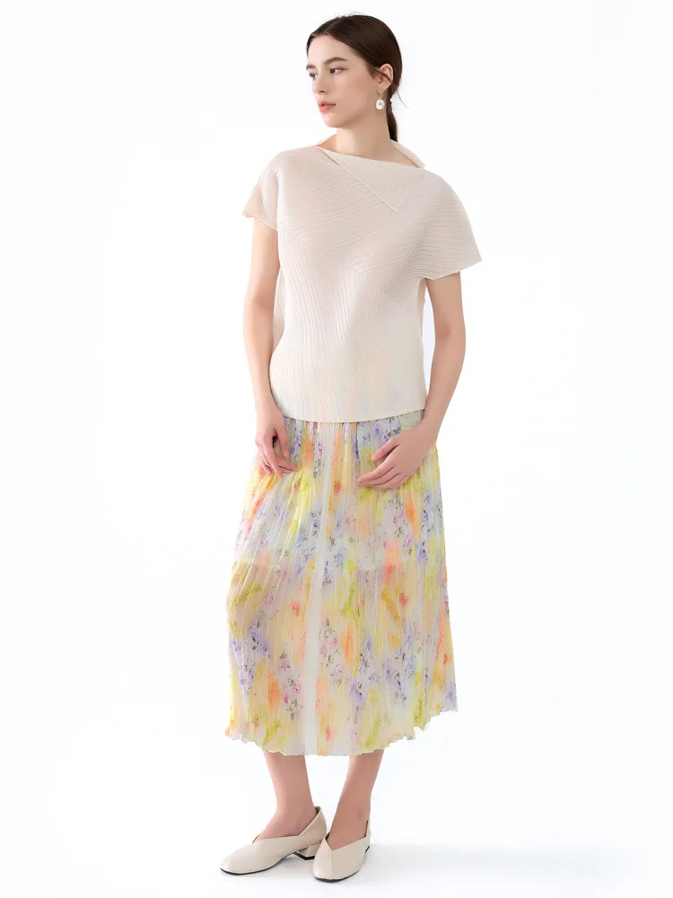 Dreamy Watercolor Floral Miyake Pleated Midi Skirt, Lightweight Wrinkle-Resistant Women's Casual Daily Vacation Beach Bottoms