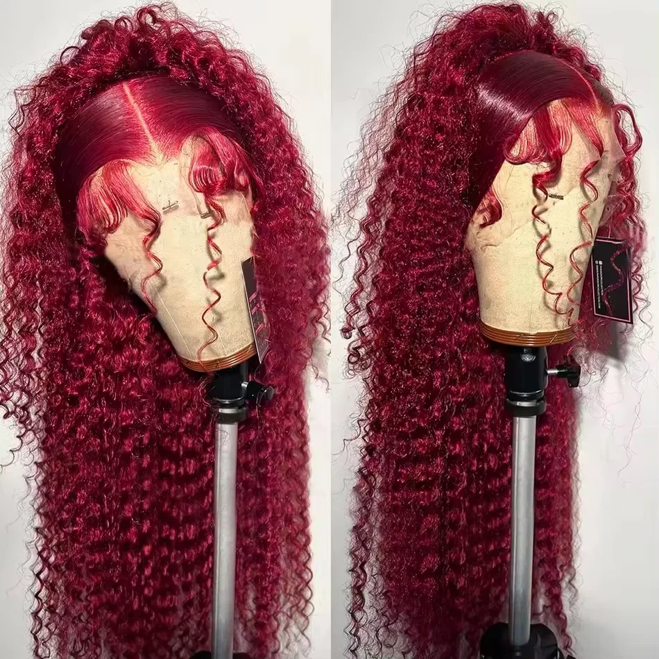 

250 Density Curly 99j Burgundy 13x4 HD Lace Front Human Hair Wig Brazilian Red Deep Wave Lace Frontal Wig For Women 30 32 Inches