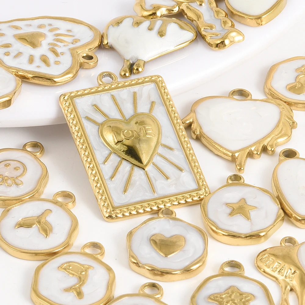 PVD Real Gold Plated  White Oil Drop Charm 3pcs Sun Heart Cross Sea Animal Stainless Steel Pendants For Jewelry Making Supplies - Image 2