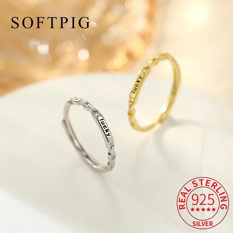 

SOFTPIG Real 925 Sterling Silver Letter Luckly Chain Adjustable Ring for Women Geometric Fine Jewelry Minimalist Accessories