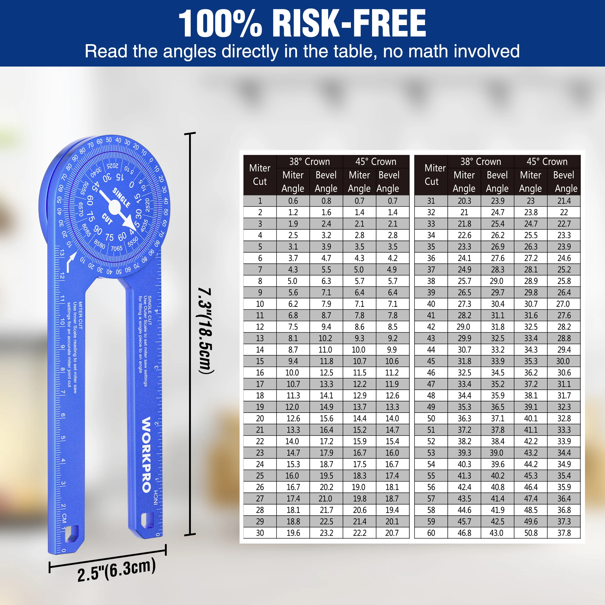 WORKPRO Aluminum Miter Saw Protractor 7.3 Inch Angle Finder Featuring Precision Laser Engraved Scales for Inside and Outside