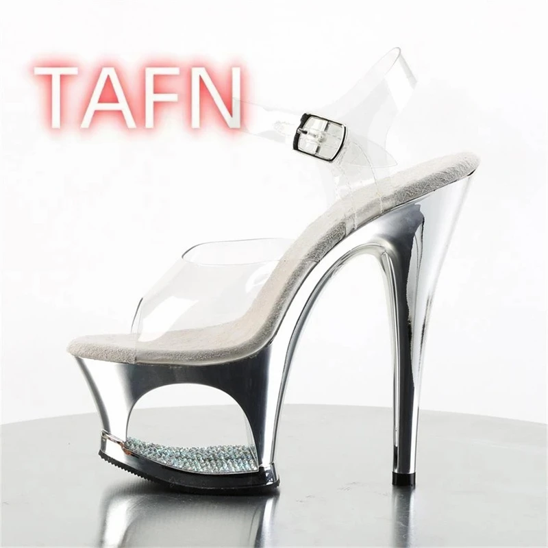 Womens Metallic Leather Platform Sandals, Transparent PVC Ankle Strap Stiletto Sandals,Rhinestone Hollow Waterproof Heel Sandal