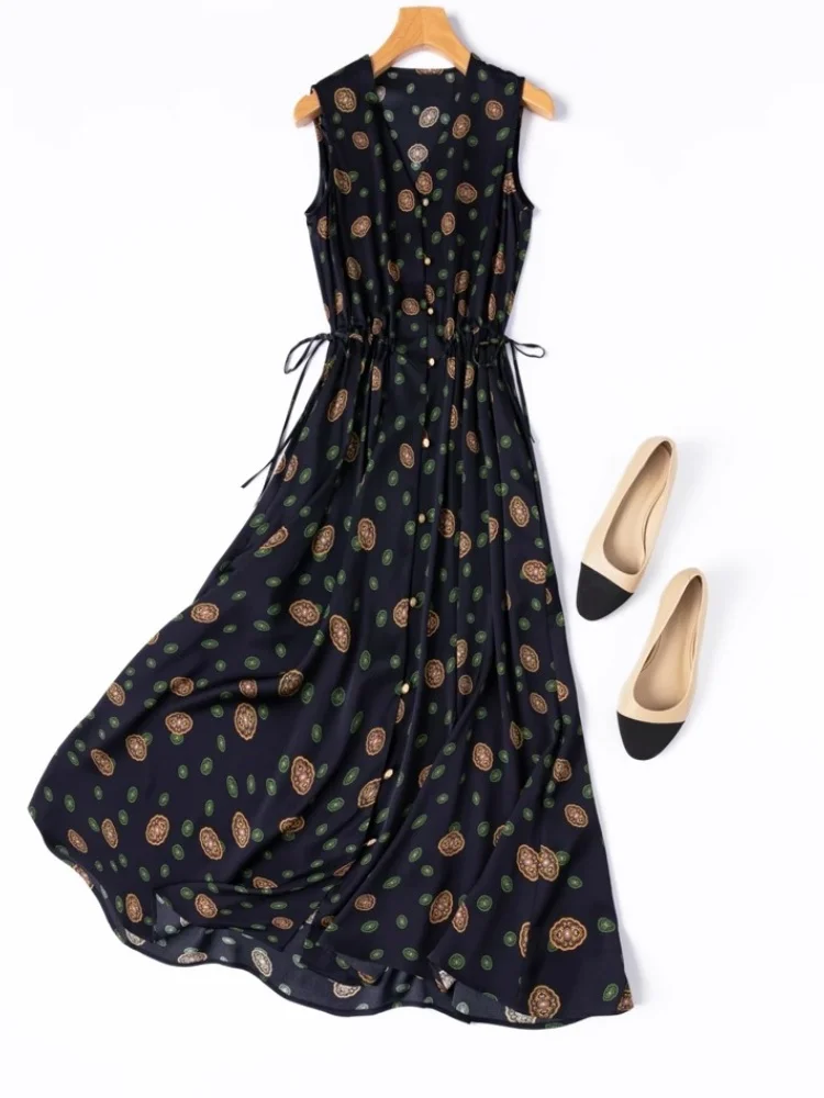 BirdTree 93% silk 7% Spandex Black Print Dress,Women Sleeveless V-neck Cinch Single Breasted Dresses, 2026 New D57633JF