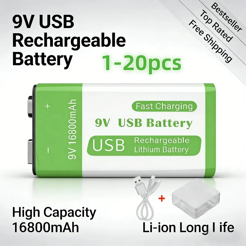 

Аккумулятор литий-ионный 9В 16800мАч, быстрая зарядка Type-C, сверхвысокая емкость для мультиметра, микрофона, игрушек, пульта дистанционного управления