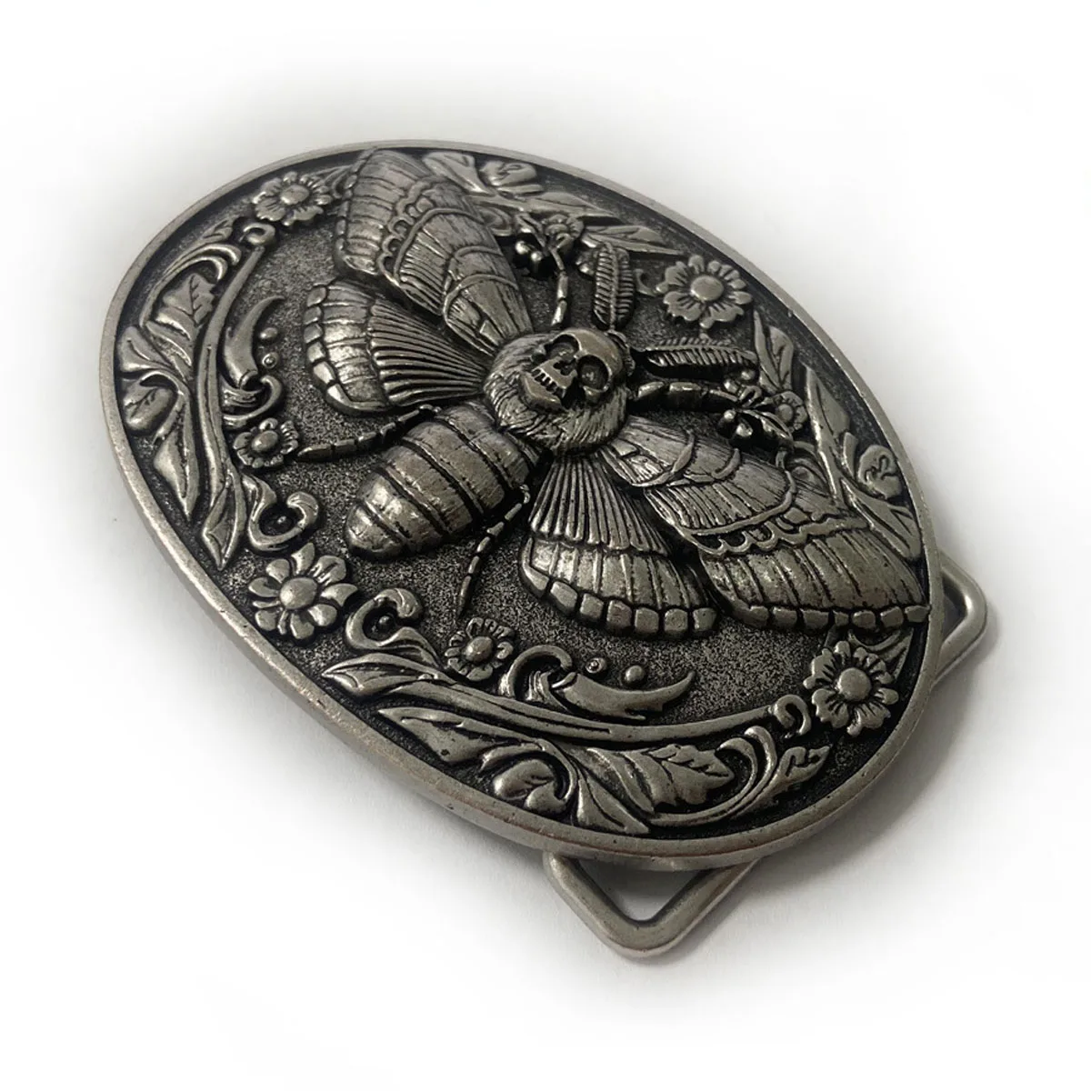 Men Vintage Belt Buckle, Antique Silver Floral Skull Moth Engraved Metal Western Punk Fashion Accessories Dropshipping view 4