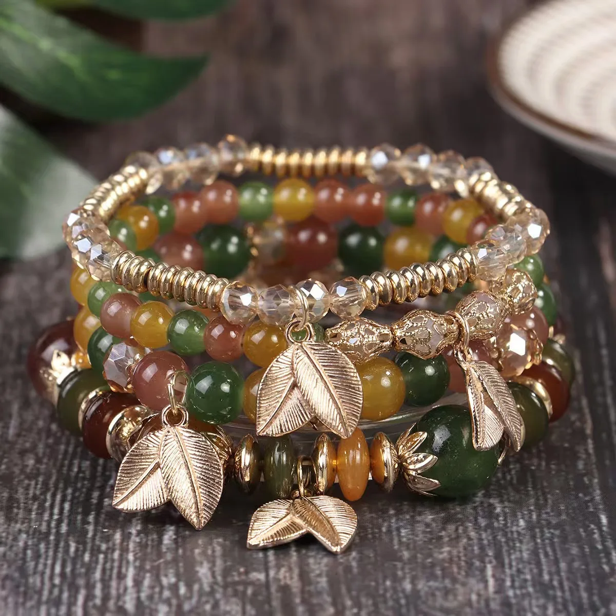 4-Piece Bohemian Layered Bracelet Set with Leaf Pendant for Women – Summer Fashion Jewelry, Trendy Ethnic Accessories