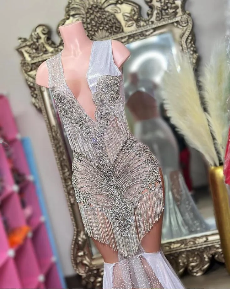 실버 다이아몬드 인어공주 스타일 프롬 드레스 반짝이는 크리스탈 태슬 시스루 메쉬 생일 파티 이브닝 가운 맞춤 제작 여성용 드레스
