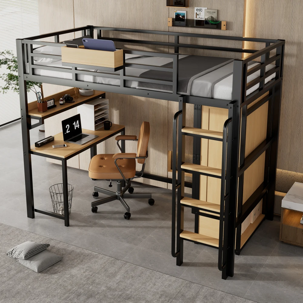 PINGGO Schwarz & Naturfarbenes Eisen-Etagenbett 90x200cm mit Kleiderschrank, Treppe, Schreibtisch, Staufächern, Metall, MDF, ohne Matratze – Detail 5